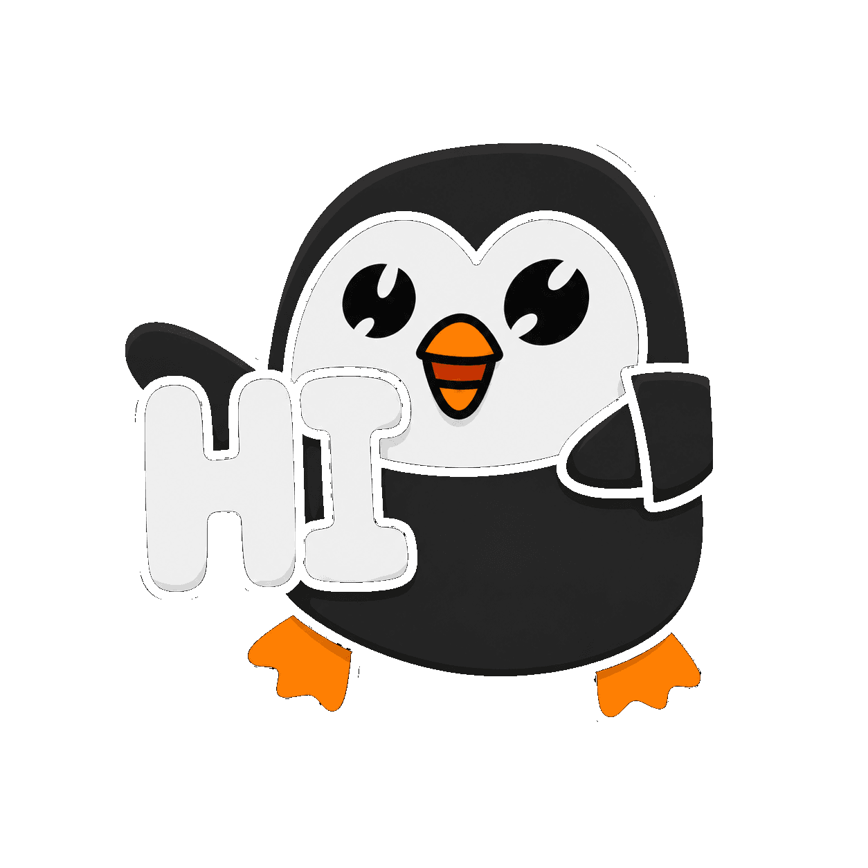 A waving Strave penguin holding HI letters