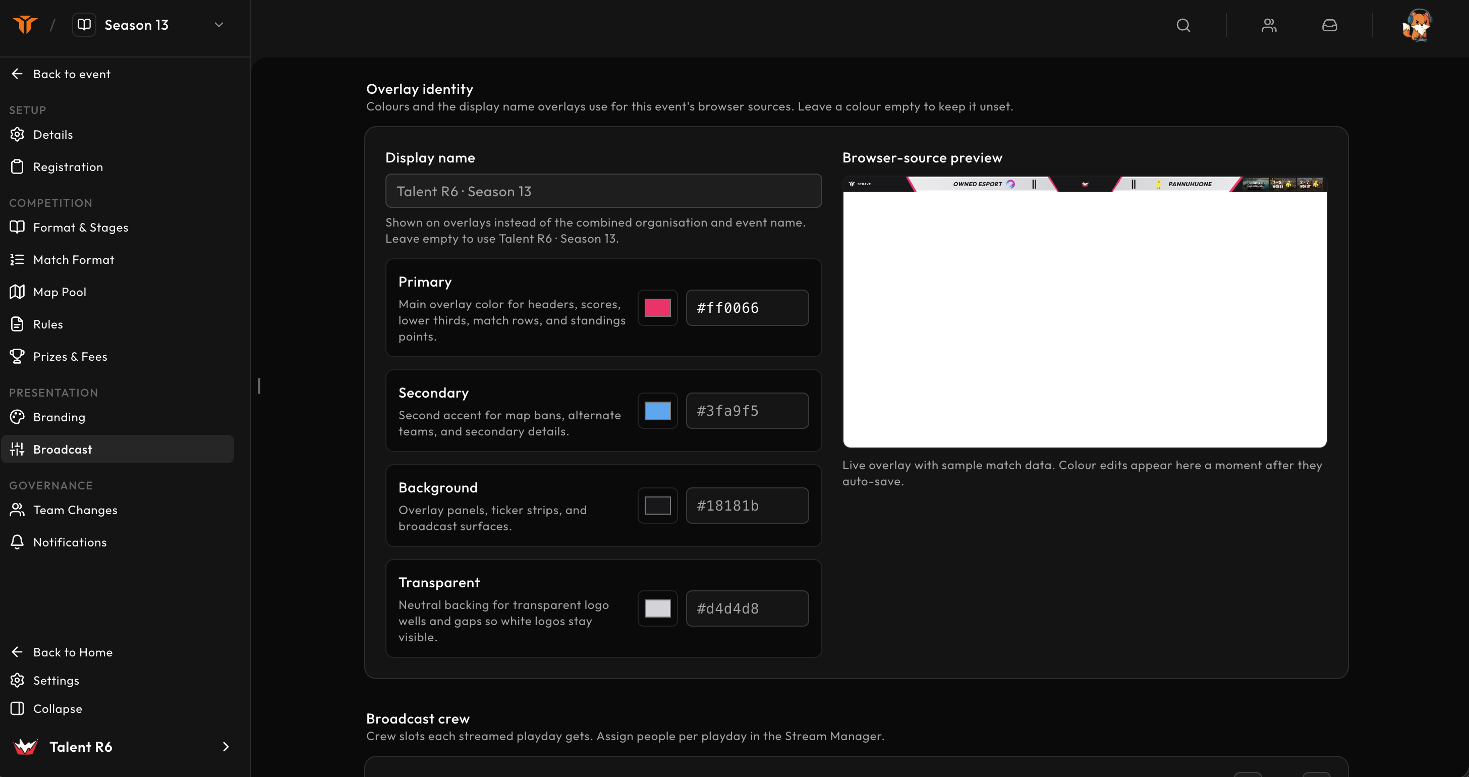 Broadcast identity, colour controls, and browser-source preview