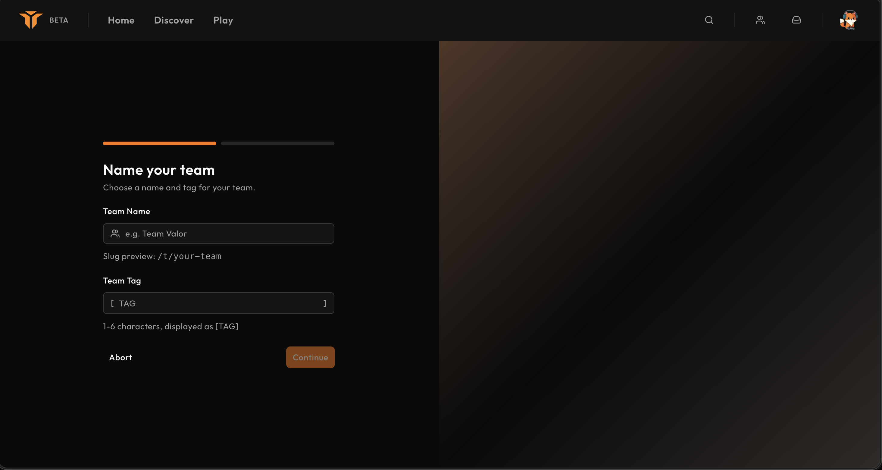 The first step of the team creation wizard