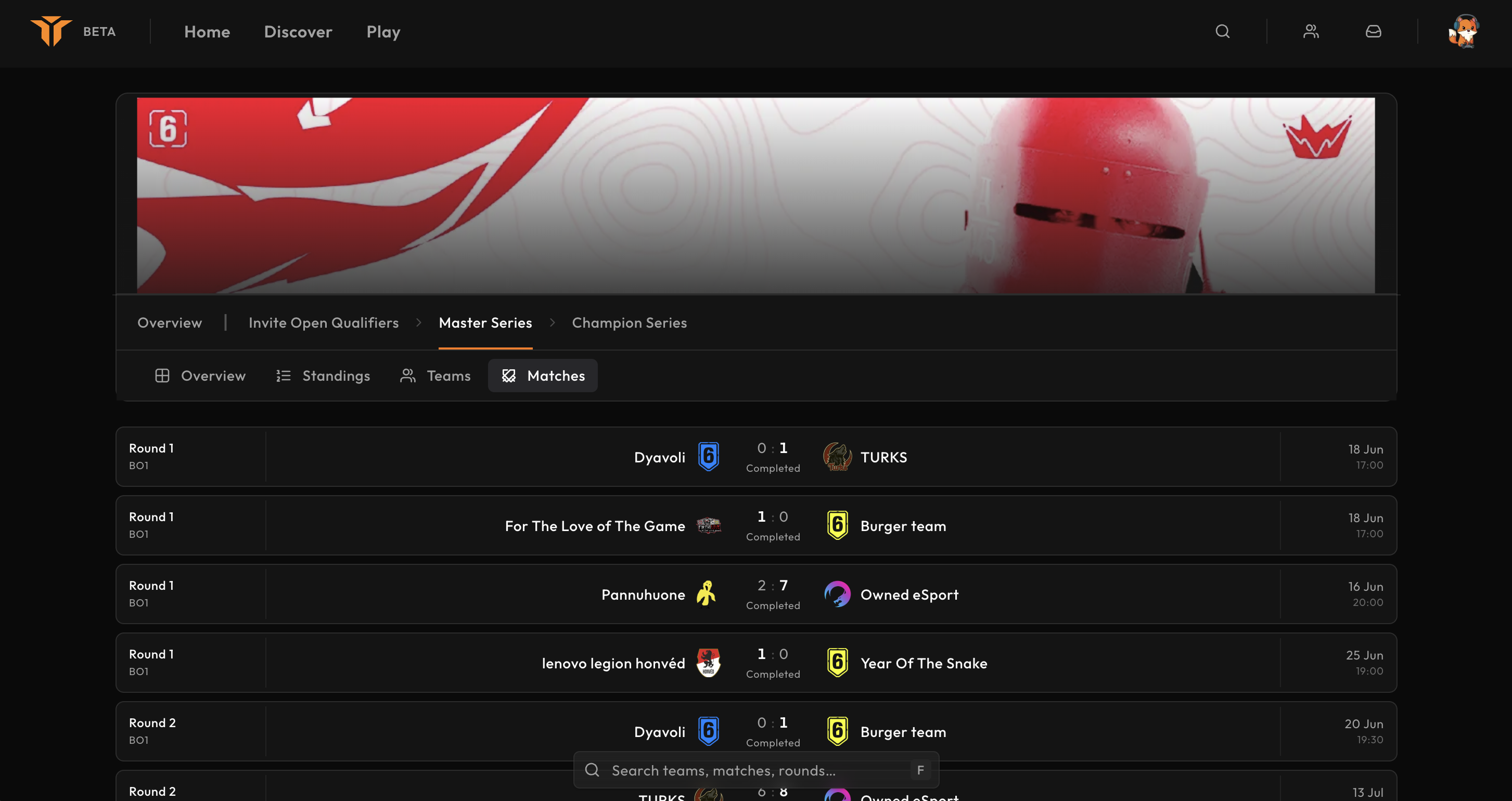 A stage match list with completed and scheduled matches