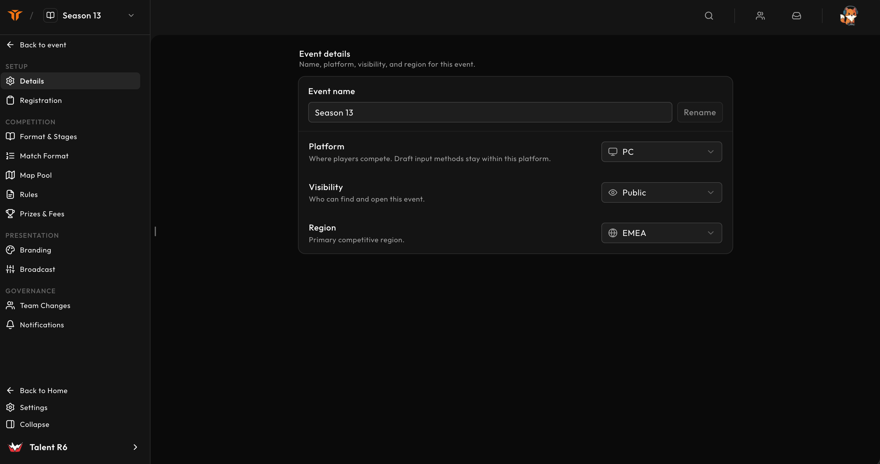 Event configuration navigation and the details form