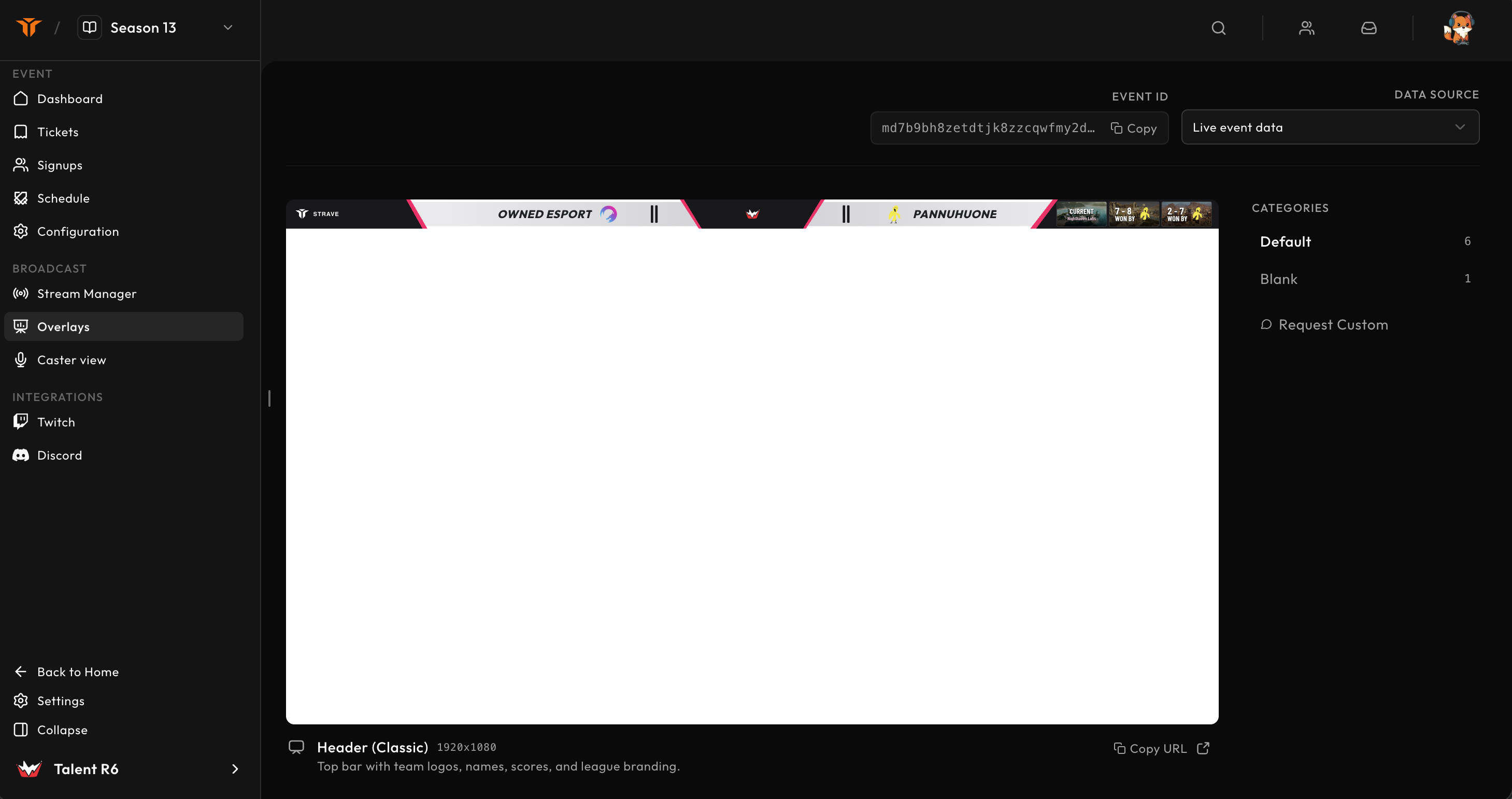 The overlay gallery with a live browser-source preview
