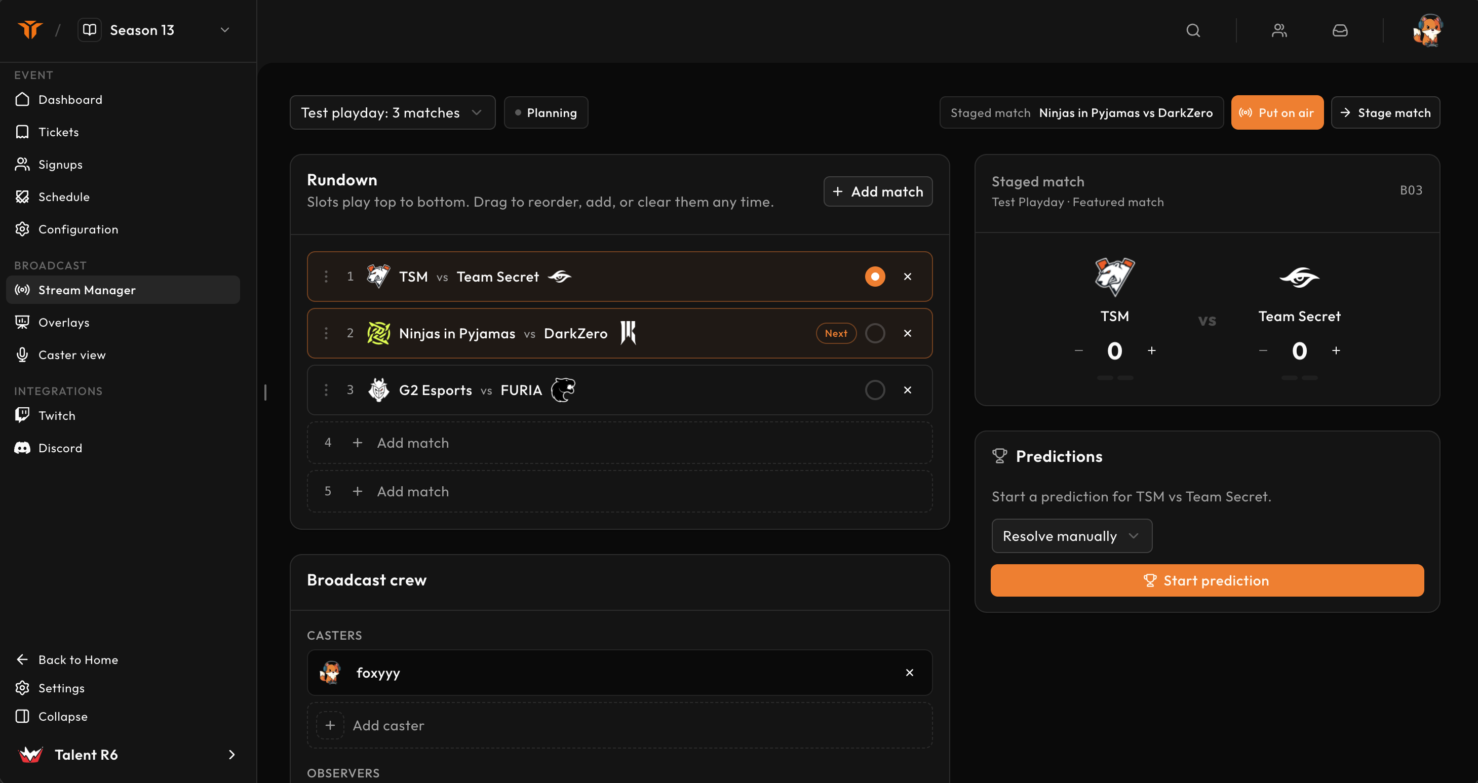 Stream Manager with the rundown, on-air match, crew, and prediction controls